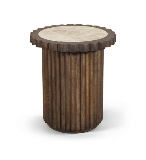 Sage Beige / Brown Genuine Marble And Mango Wood End Table, 1 Piece