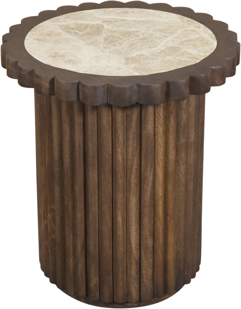 Sage Beige / Brown Genuine Marble And Mango Wood End Table, 1 Piece