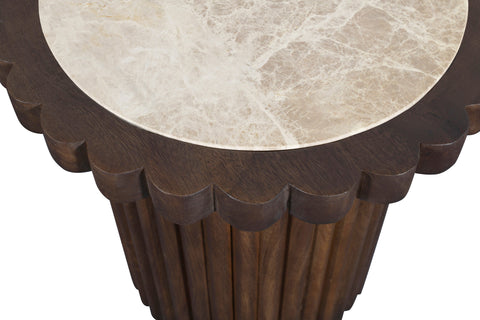 Sage Beige / Brown Genuine Marble And Mango Wood End Table, 1 Piece