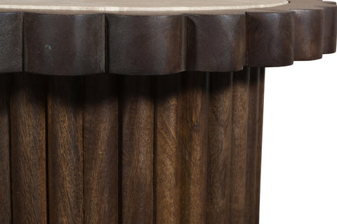 Sage Beige / Brown Genuine Marble And Mango Wood End Table, 1 Piece