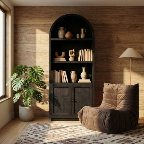 Selene Black Natural Cane And Solid Wood Bookcase, 1 Piece