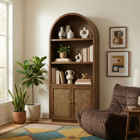 Selene Brown Natural Cane And Solid Wood Bookcase, 1 Piece