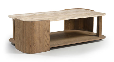 Nova Beige / Brown Genuine Marble And Oak Wood Coffee Table, 1 Piece