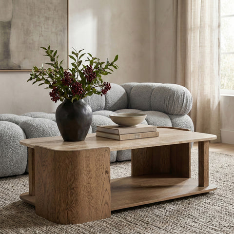 Nova Beige / Brown Genuine Marble And Oak Wood Coffee Table, 1 Piece