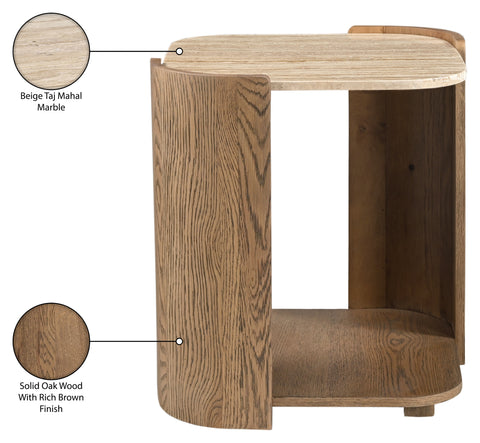 Nova Beige / Brown Genuine Marble And Oak Wood End Table, 1 Piece