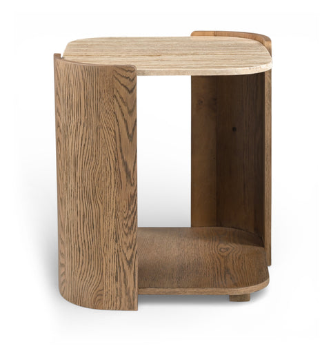 Nova Beige / Brown Genuine Marble And Oak Wood End Table, 1 Piece
