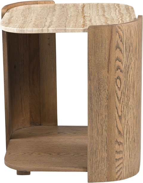 Nova Beige / Brown Genuine Marble And Oak Wood End Table, 1 Piece