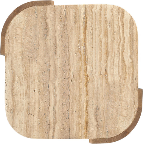 Nova Beige / Brown Genuine Marble And Oak Wood End Table, 1 Piece