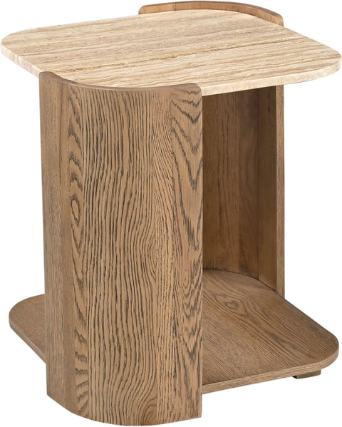 Nova Beige / Brown Genuine Marble And Oak Wood End Table, 1 Piece