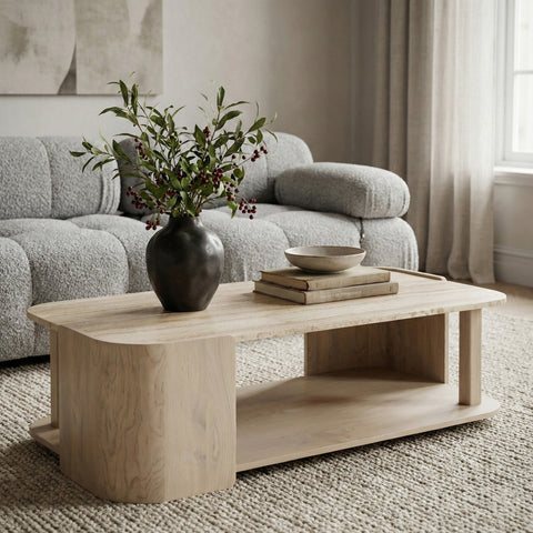 Nova Beige / Cream Genuine Marble And Oak Wood Coffee Table, 1 Piece