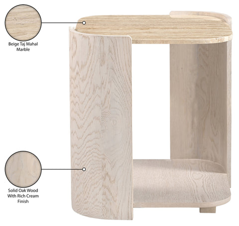 Nova Beige / Cream Genuine Marble And Oak Wood End Table, 1 Piece