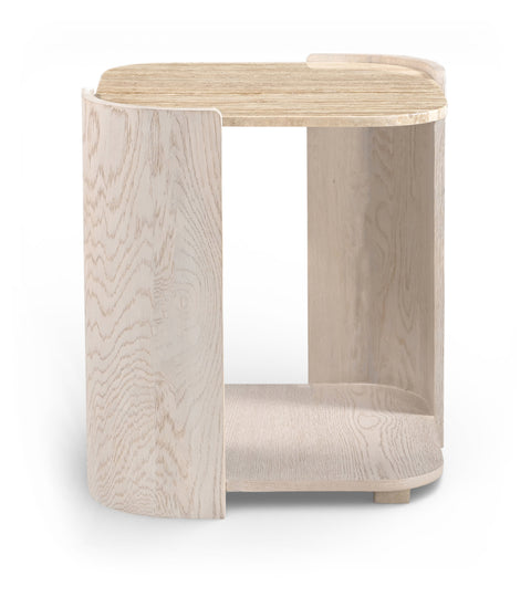 Nova Beige / Cream Genuine Marble And Oak Wood End Table, 1 Piece