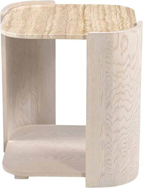 Nova Beige / Cream Genuine Marble And Oak Wood End Table, 1 Piece