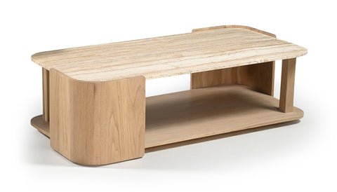 Nova Beige / Natural Genuine Marble And Oak Wood Coffee Table, 1 Piece