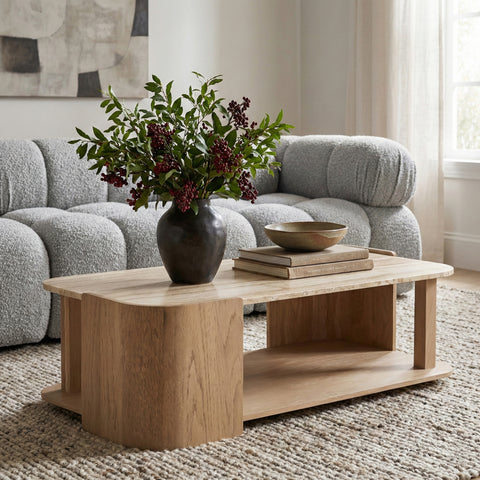 Nova Beige / Natural Genuine Marble And Oak Wood Coffee Table, 1 Piece