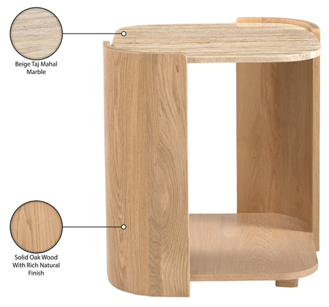Nova Beige / Natural Genuine Marble And Oak Wood End Table, 1 Piece