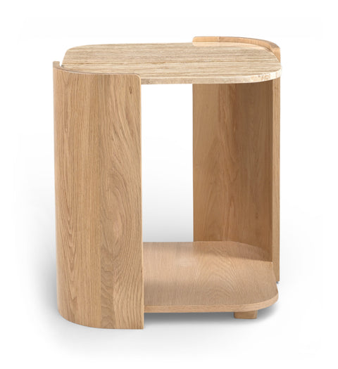 Nova Beige / Natural Genuine Marble And Oak Wood End Table, 1 Piece