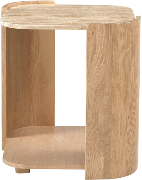 Nova Beige / Natural Genuine Marble And Oak Wood End Table, 1 Piece