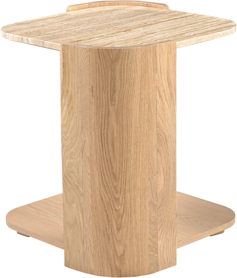 Nova Beige / Natural Genuine Marble And Oak Wood End Table, 1 Piece
