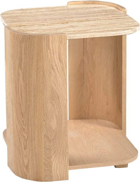 Nova Beige / Natural Genuine Marble And Oak Wood End Table, 1 Piece
