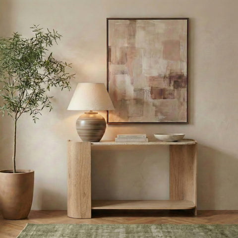 Nova Beige / Natural Genuine Marble And Oak Wood Console Table, 1 Piece