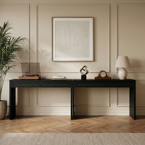 Yara Black Cane, Solid Wood And Oak Veneer Desk, 2-Piece
