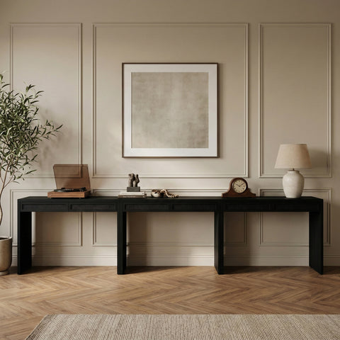 Yara Black Cane, Solid Wood And Oak Veneer Desk, 3-Piece