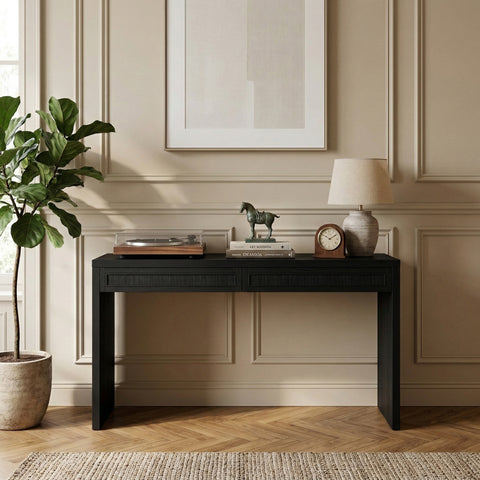 Yara Black Cane, Solid Wood And Oak Veneer Desk, 1 Piece