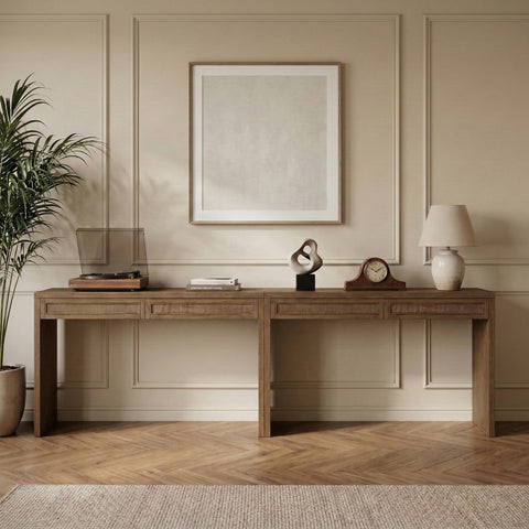 Yara Brown Cane, Solid Wood And Oak Veneer Desk, 2-Piece