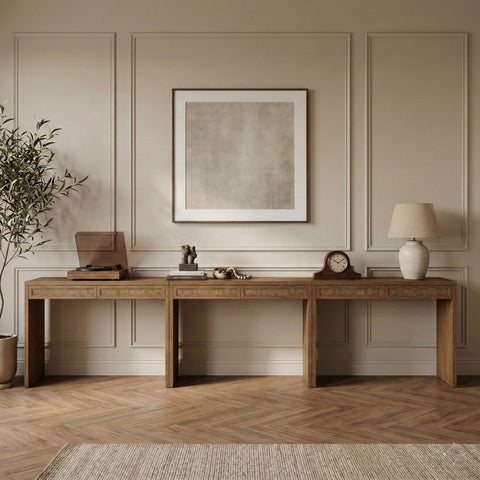 Yara Brown Cane, Solid Wood And Oak Veneer Desk, 3-Piece