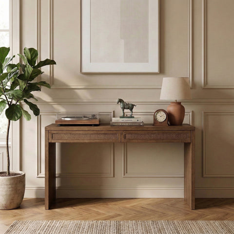 Yara Brown Cane, Solid Wood And Oak Veneer Desk, 1 Piece