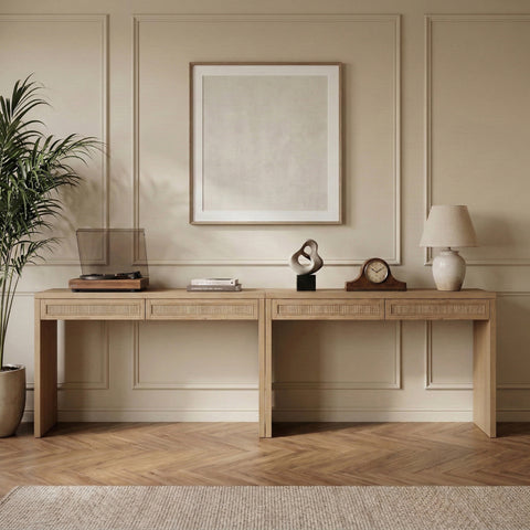 Yara Natural Cane, Solid Wood And Oak Veneer Desk, 2-Piece