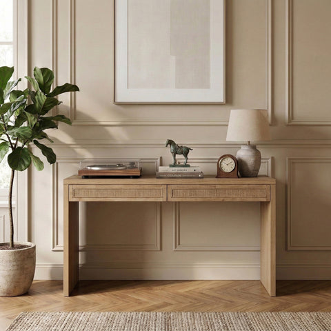 Yara Natural Cane, Solid Wood And Oak Veneer Desk, 1 Piece