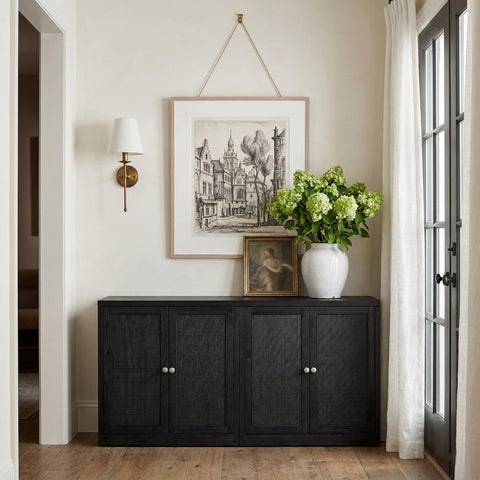 Selene Black Cane, Solid Wood And Oak Veneer Sideboard/Buffet, 2-Piece