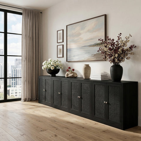 Selene Black Cane, Solid Wood And Oak Veneer Sideboard/Buffet, 4-Piece