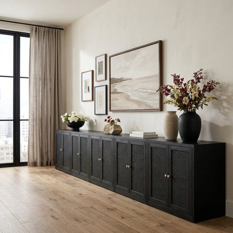 Selene Black Cane, Solid Wood And Oak Veneer Sideboard/Buffet, 5-Piece