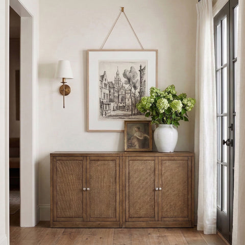 Selene Brown Cane, Solid Wood And Oak Veneer Sideboard/Buffet, 2-Piece