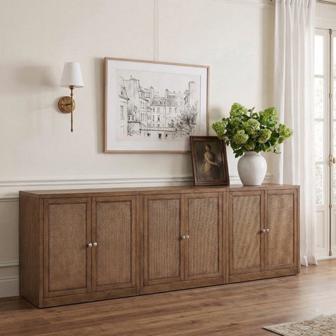 Selene Brown Cane, Solid Wood And Oak Veneer Sideboard/Buffet, 3-Piece