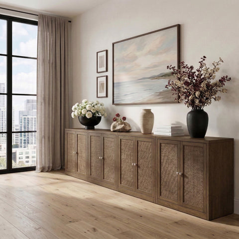 Selene Brown Cane, Solid Wood And Oak Veneer Sideboard/Buffet, 4-Piece