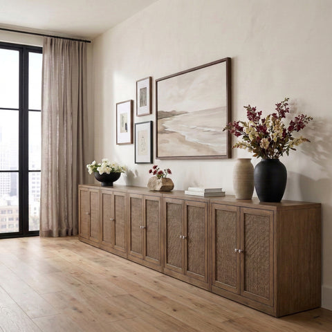 Selene Brown Cane, Solid Wood And Oak Veneer Sideboard/Buffet, 5-Piece