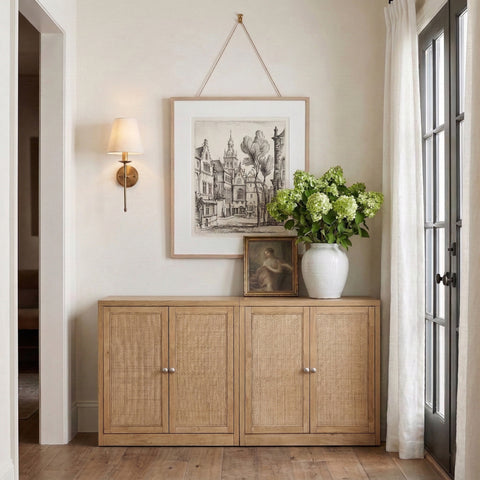 Selene Natural Cane, Solid Wood And Oak Veneer Sideboard/Buffet, 2-Piece