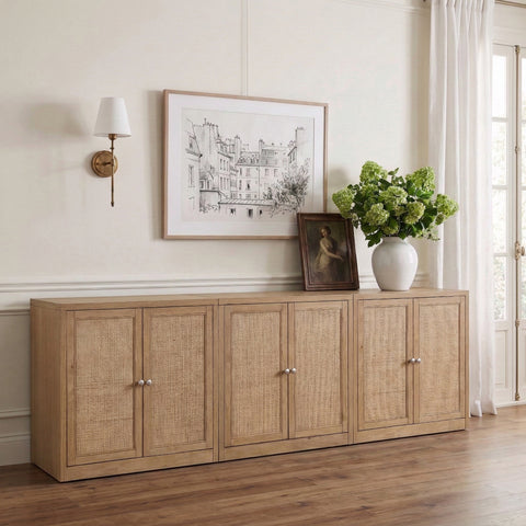 Selene Natural Cane, Solid Wood And Oak Veneer Sideboard/Buffet, 3-Piece