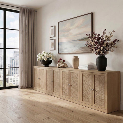 Selene Natural Cane, Solid Wood And Oak Veneer Sideboard/Buffet, 4-Piece