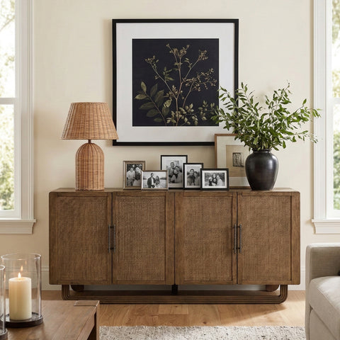 Sage Brown Cane, Solid Wood And Oak Veneer Sideboard/Buffet, 1 Piece