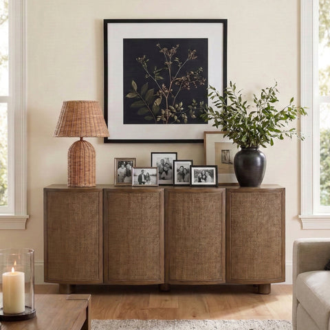 Farrah Brown Cane, Solid Wood And Oak Veneer Sideboard/Buffet, 1 Piece