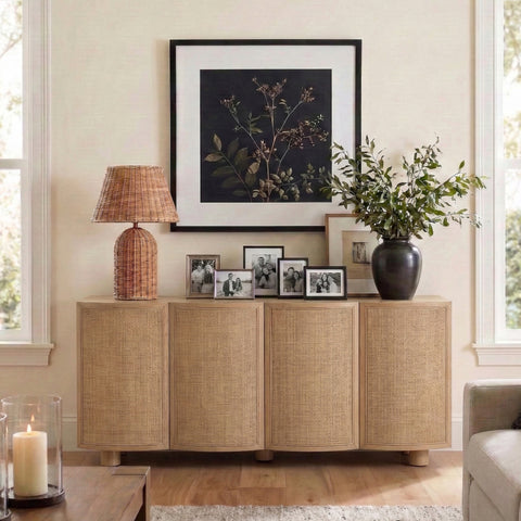 Farrah Natural Cane, Solid Wood And Oak Veneer Sideboard/Buffet, 1 Piece