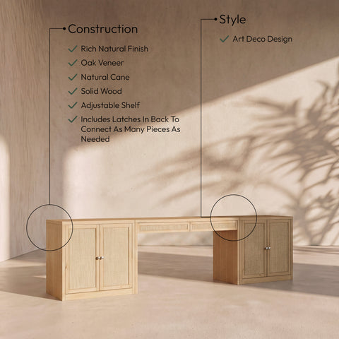 Yara Natural Cane, Solid Wood And Oak Veneer Desk, 3-Piece (Style 2)