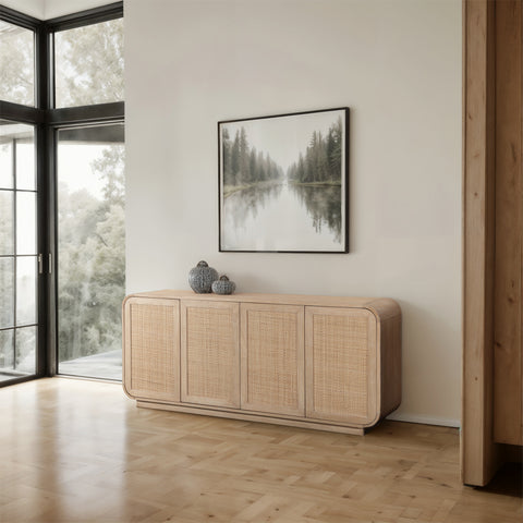 Prescott Natural Solid Wood And Natural Cane Sideboard / Buffet, 1 Piece