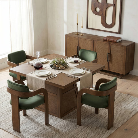 Vale 54.25" Brown Cane, Oak Veneer And Solid Wood Dining Table, 1 Piece