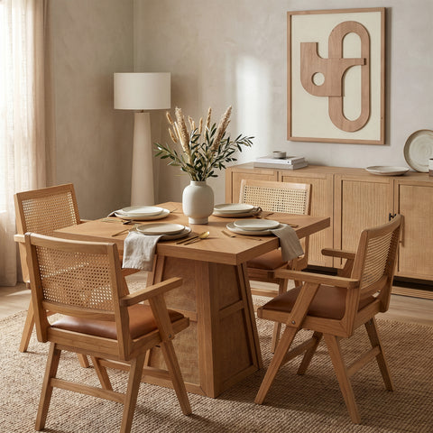 Vale 36.25" Natural Cane, Oak Veneer And Solid Wood Dining Table, 1 Piece